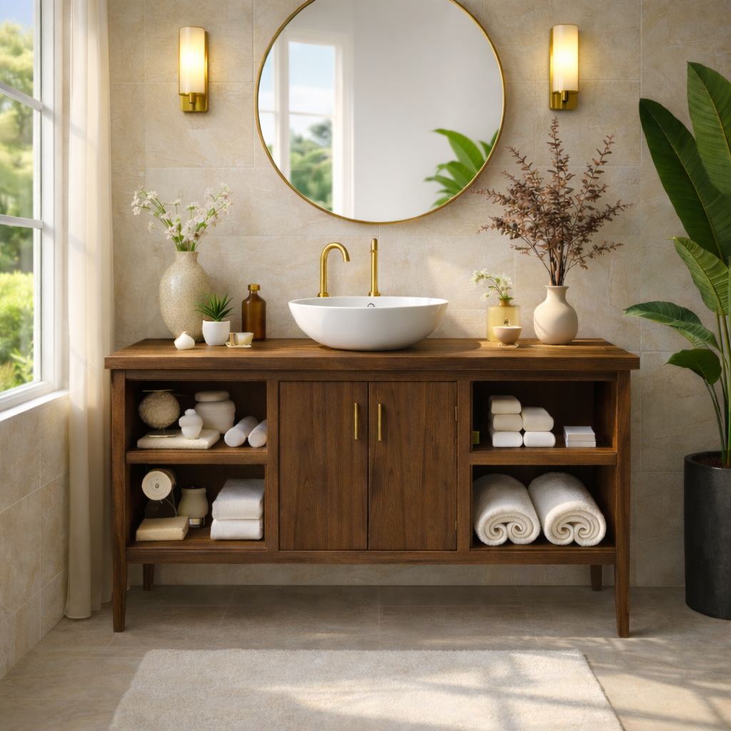 Sleek Wooden Bathroom Vanity with Open Shelving and Storage