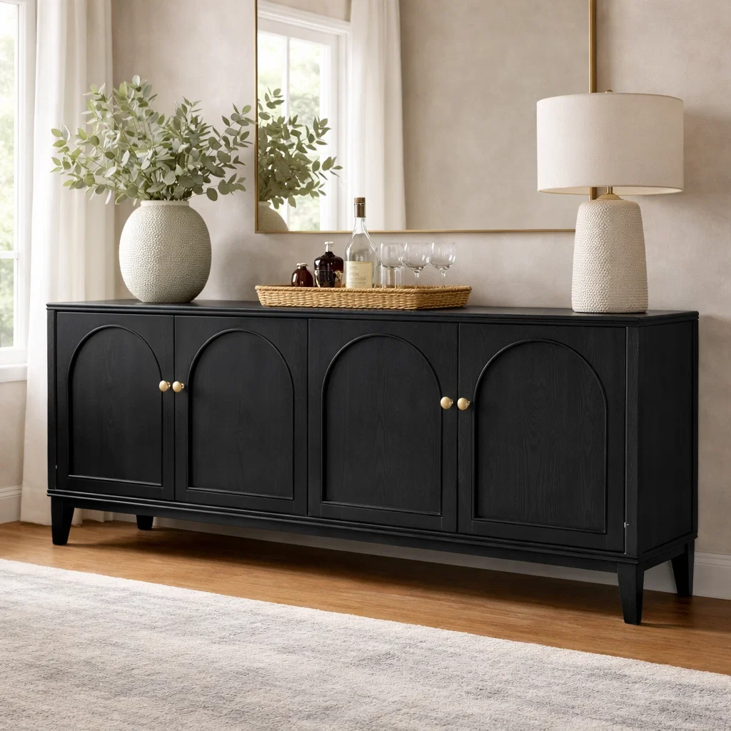 Solid Wood Console Cabinet with Arched Doors – Modern Storage Sideboard