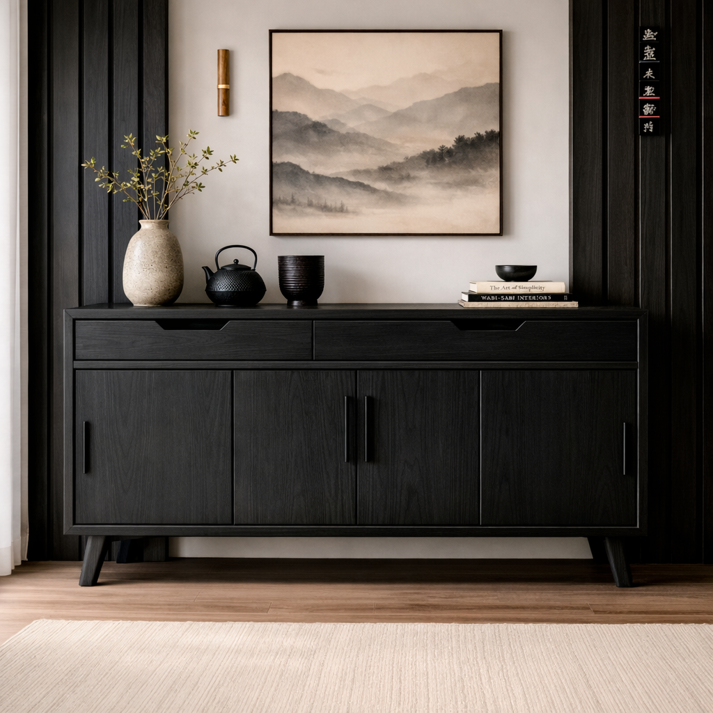 Mid-Century Solid Wood Console Cabinet with 2 Drawers and 4 Doors Storage
