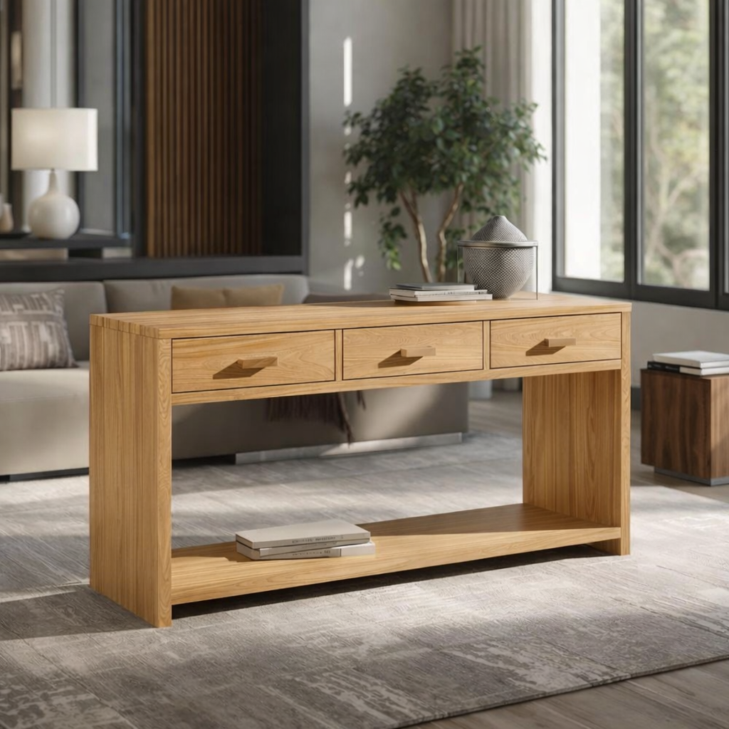 Solid Wood Console Table with Drawers and Shelf – Modern Entryway Storage Table