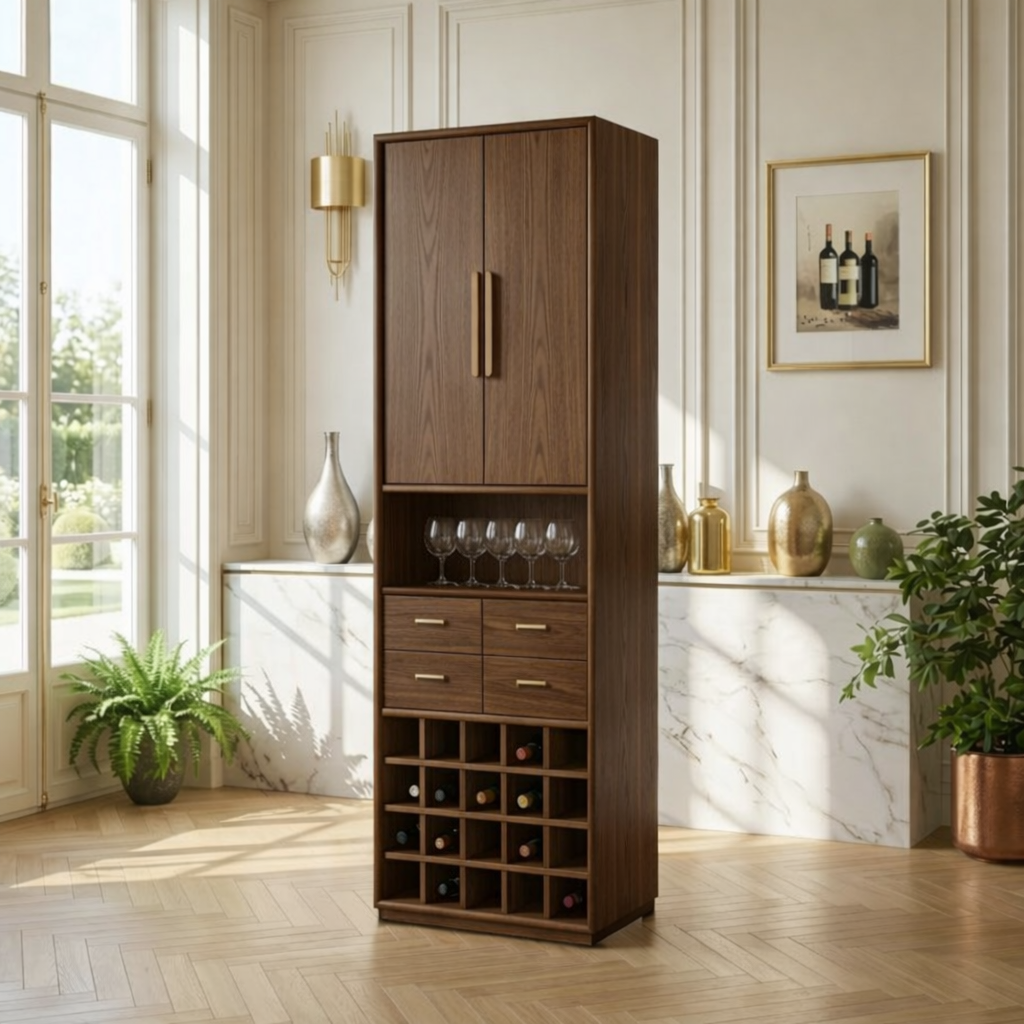 Modern Wine Cabinet with Glass Display, Drawers and Built-In Bottle Rack Storage