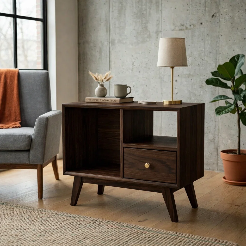 Solid Wood End Table with Open Shelves and Drawer – Mid Century Modern Side Table