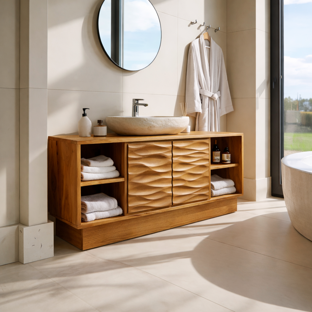 Modern Solid Wood Bathroom Vanity with Wave-Patterned Doors – Storage Cabinet