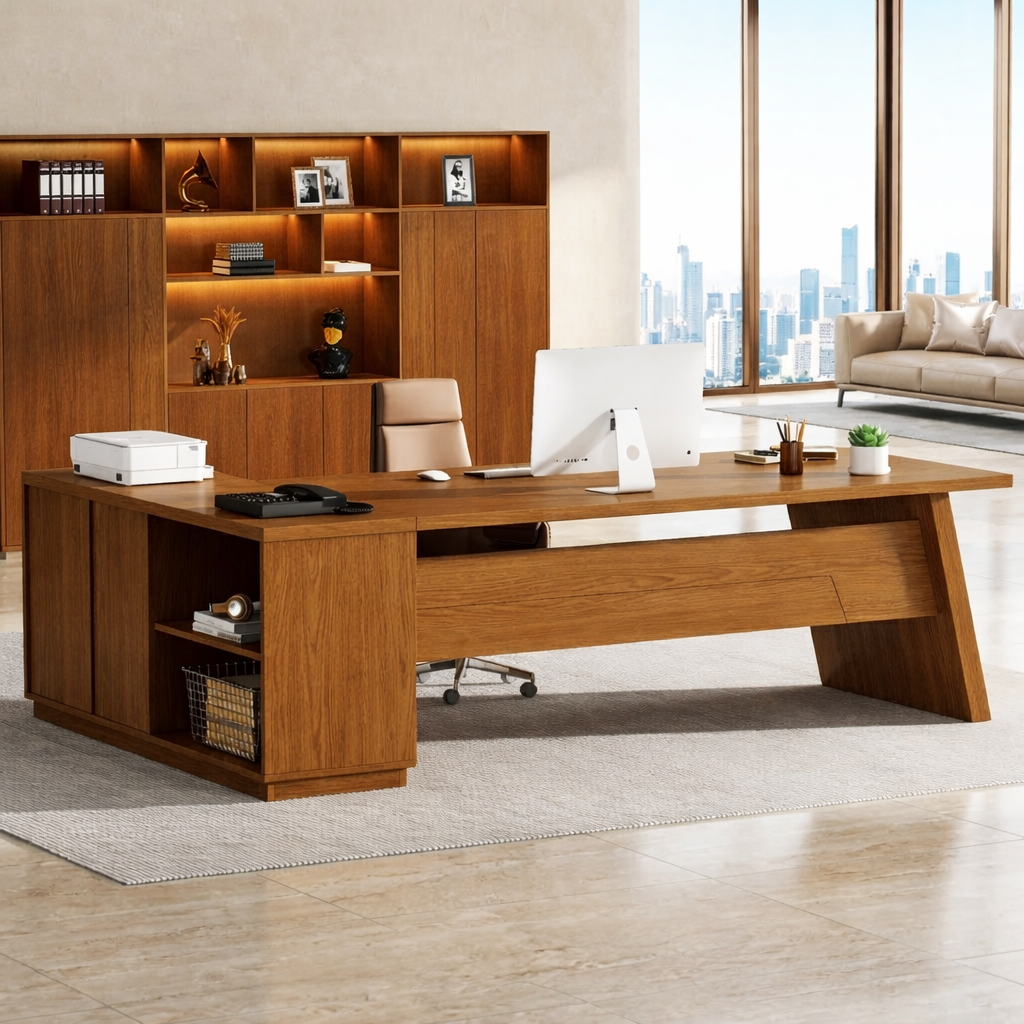 L Shaped Executive Desk with Storage, Modern Corner Office Table for Home Office Study