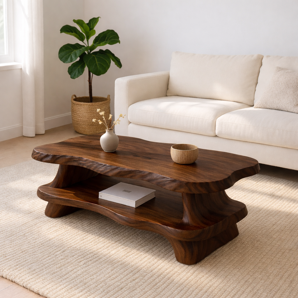 Modern Solid Wood Coffee Table with Organic Live Edge and Lower Shelf