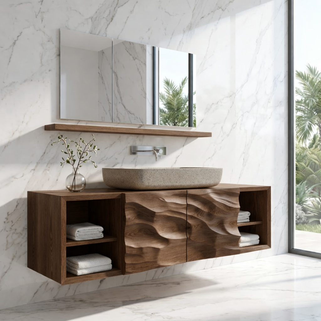 Modern Solid Wood Bathroom Vanity with Floating Storage and Sculpted Front Doors