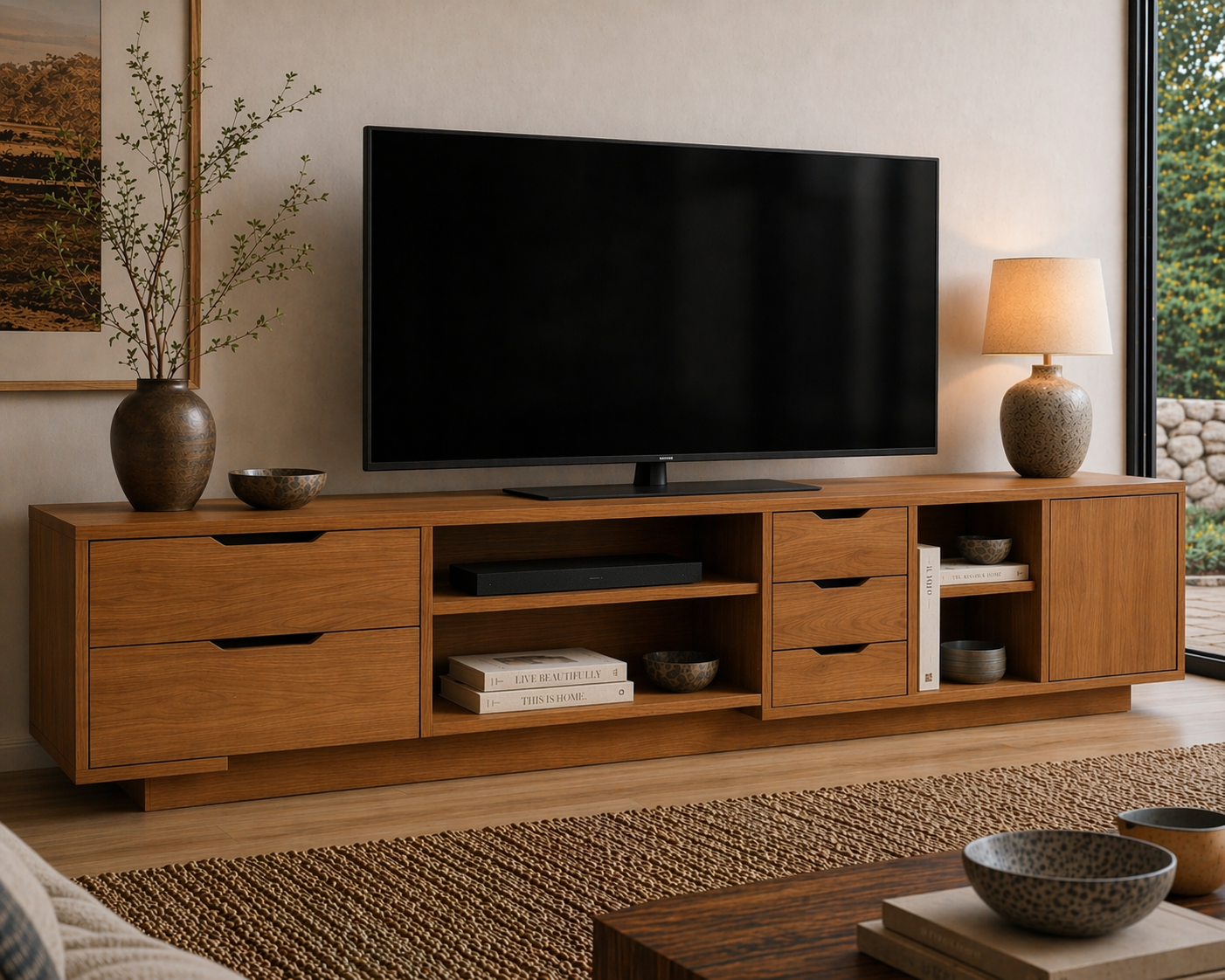 Solid Wood Media Console with Drawers, Modern TV Stand with Open Shelf Storage
