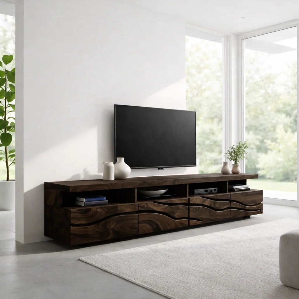 Solid Wood Media Console with Wave Carved Doors, Modern TV Stand Cabinet