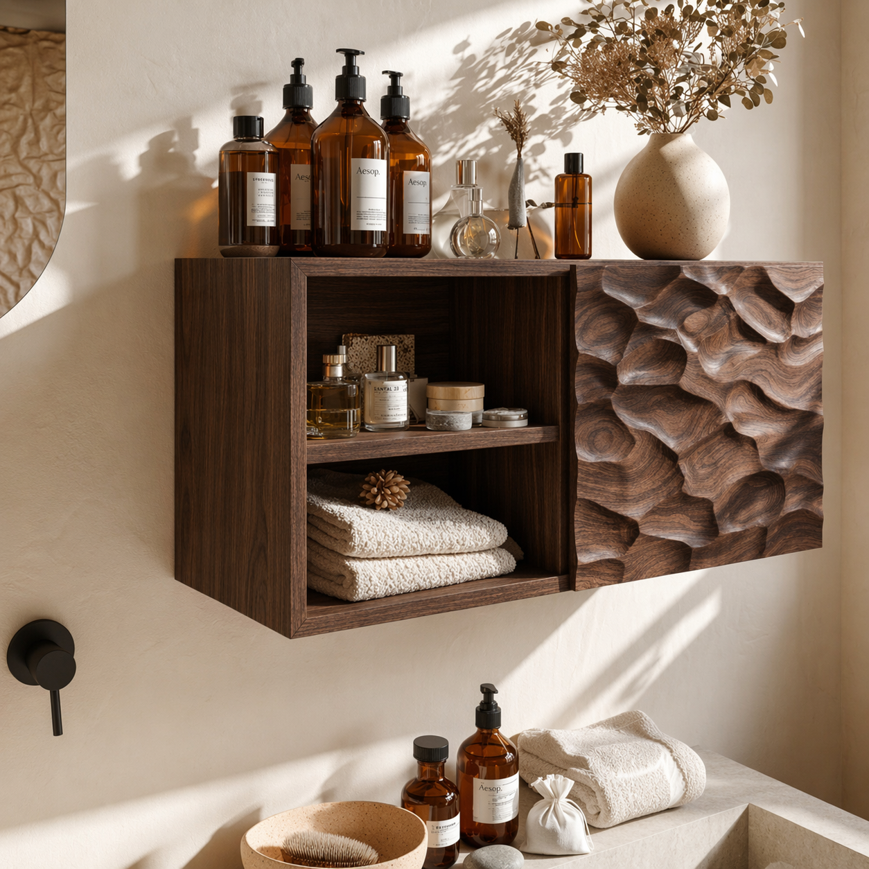 Floating Bathroom Cabinet, Modern Sculpted Wall Mounted Vanity Storage Organizer