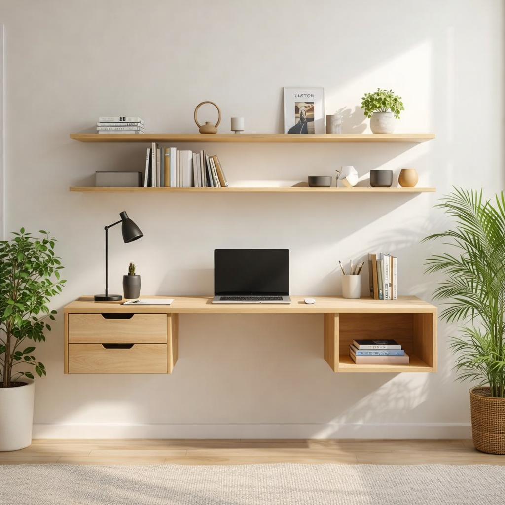 Floating Oak Desk with Shelf – Minimalist Wall Workspace