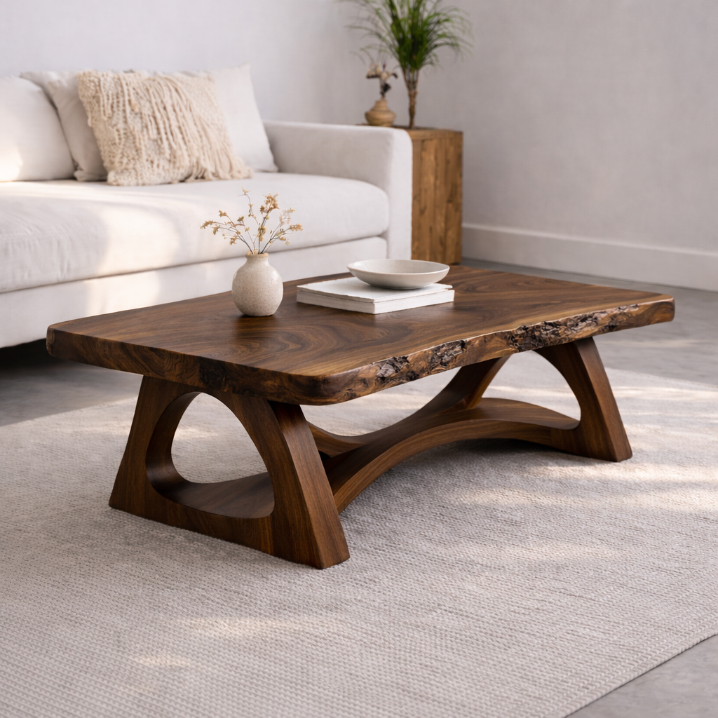 Live Edge Solid Wood Coffee Table with Sculptural Base – Rustic Modern Living Room Table