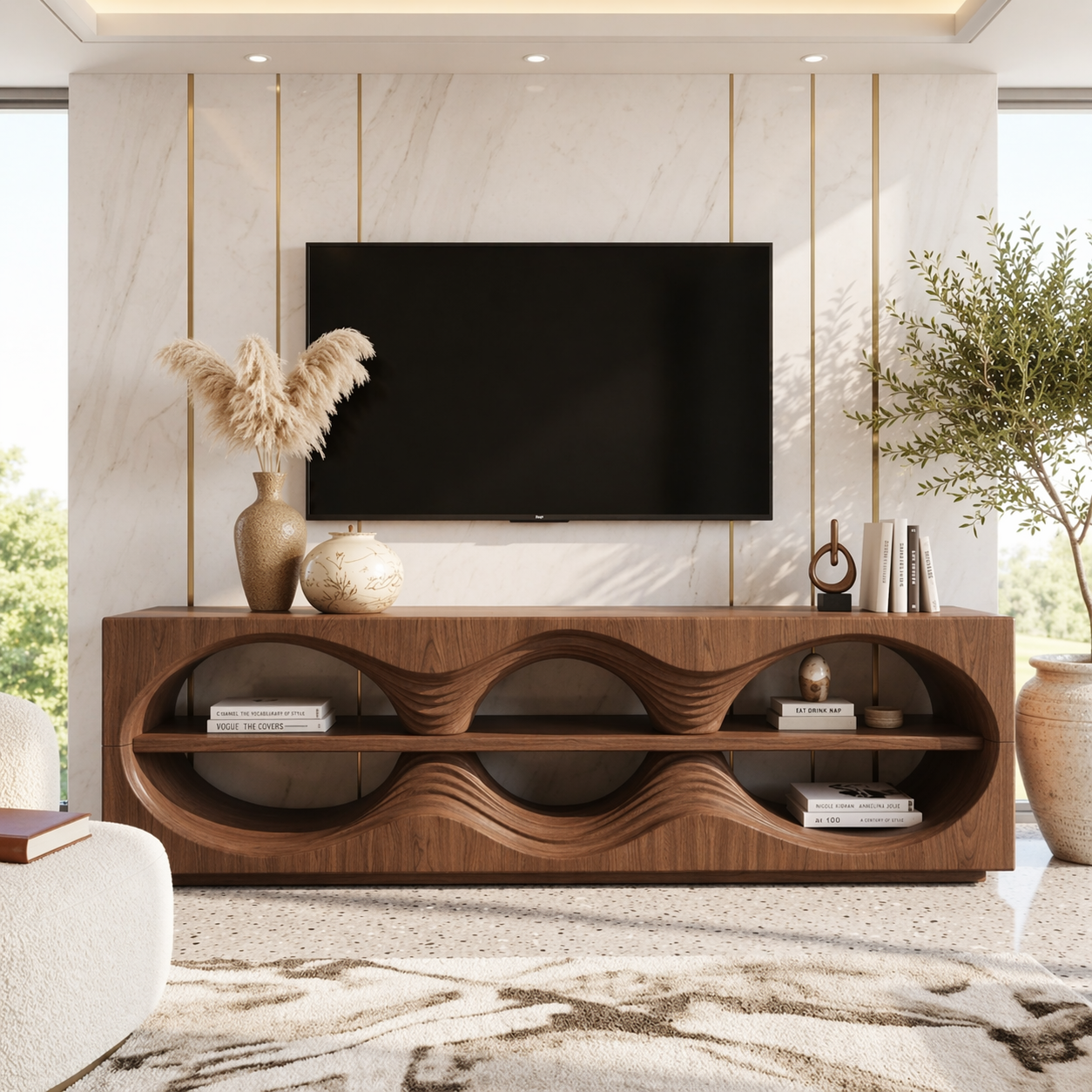 Sculptural Wave TV Console, Modern Entertainment Stand for Elegant Home Interiors