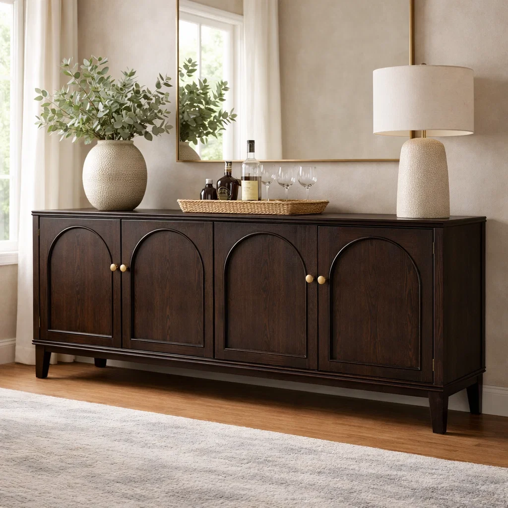 Solid Wood Console Cabinet with Arched Doors – Modern Storage Sideboard