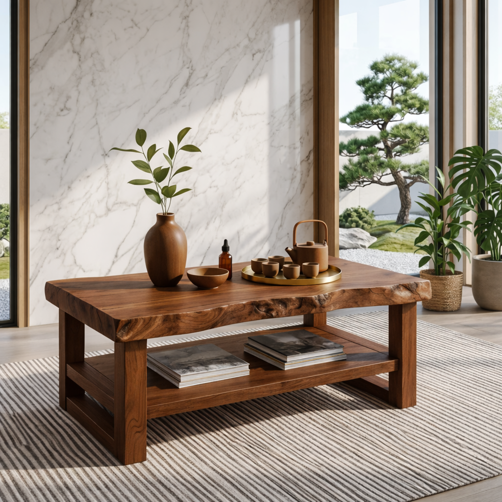 Rustic Solid Wood Coffee Table with Natural Finish and Lower Storage