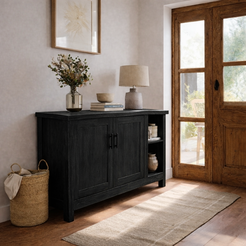 Solid Wood Console Table with Storage Doors – Rustic Entryway Cabinet