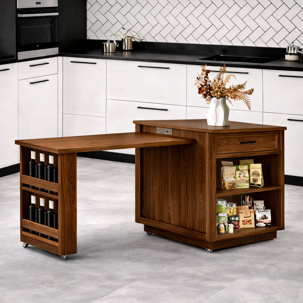 Rolling Kitchen Island with Extendable Table, Storage Cabinet, Modern Prep Station for Dining Space