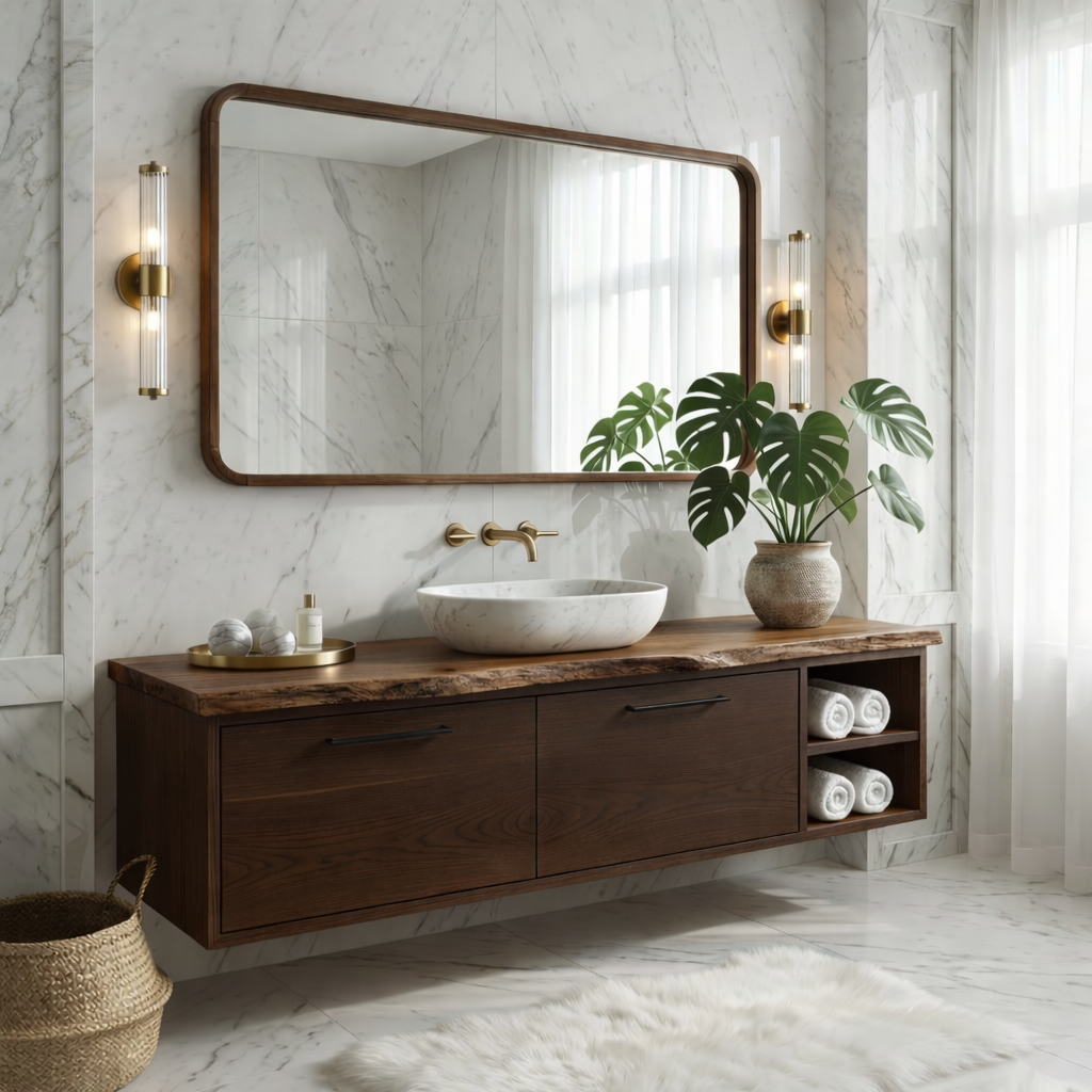 Floating Vanity with Natural Walnut Wood, Modern Sink, and Open Shelf Storage