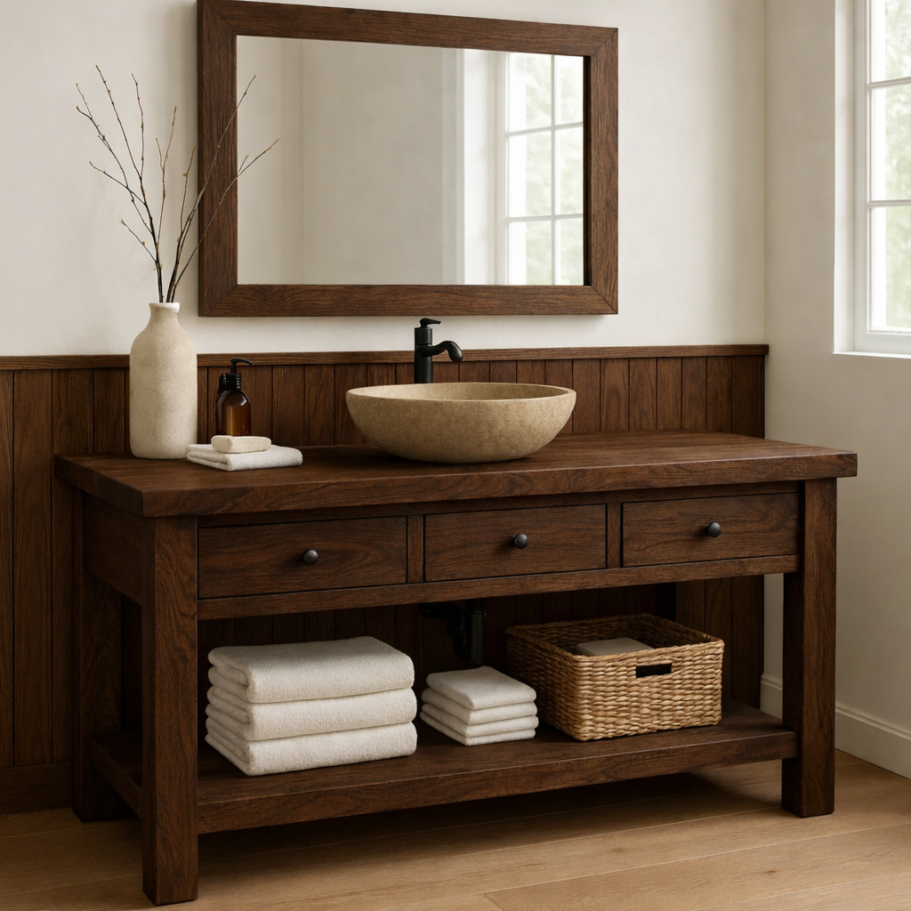 Solid Wood Bathroom Vanity with Drawers and Open Shelf Rustic Single Sink Vanity