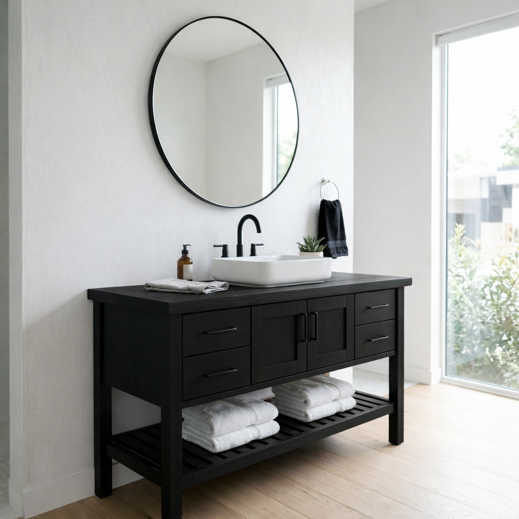 Solid Wood Bathroom Vanity Cabinet Single Sink Base with Drawers Open Shelf