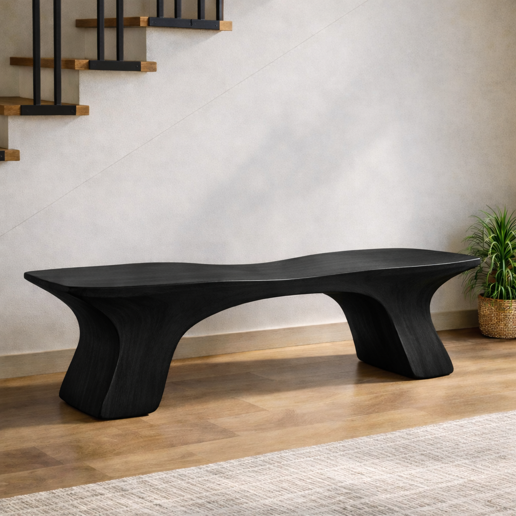 Sculptural Solid Wood Bench, Organic Modern Statement Seating