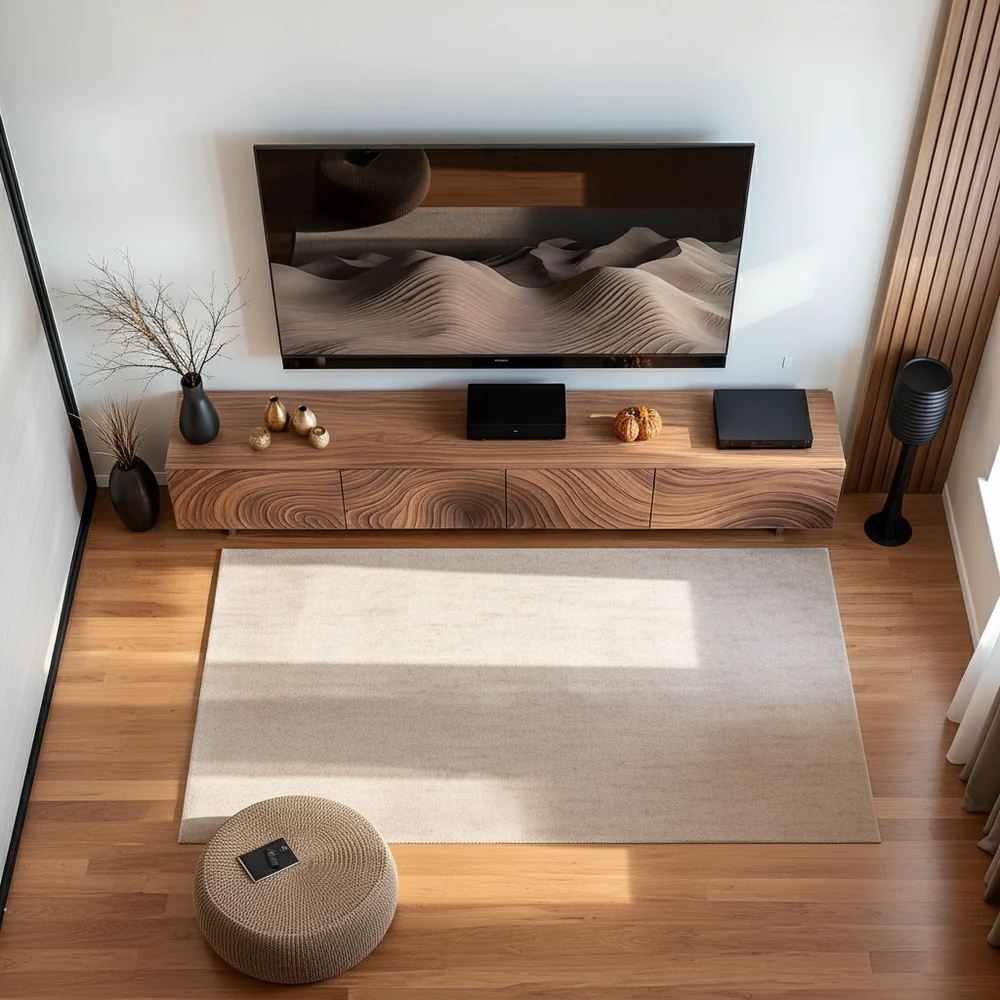 Solid Wood TV Stand Modern Walnut Media Console with Sculpted Wave Storage Cabinet