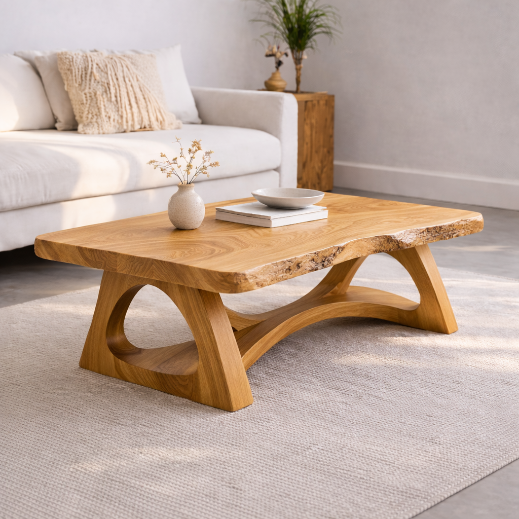Live Edge Solid Wood Coffee Table with Sculptural Base – Rustic Modern Living Room Table