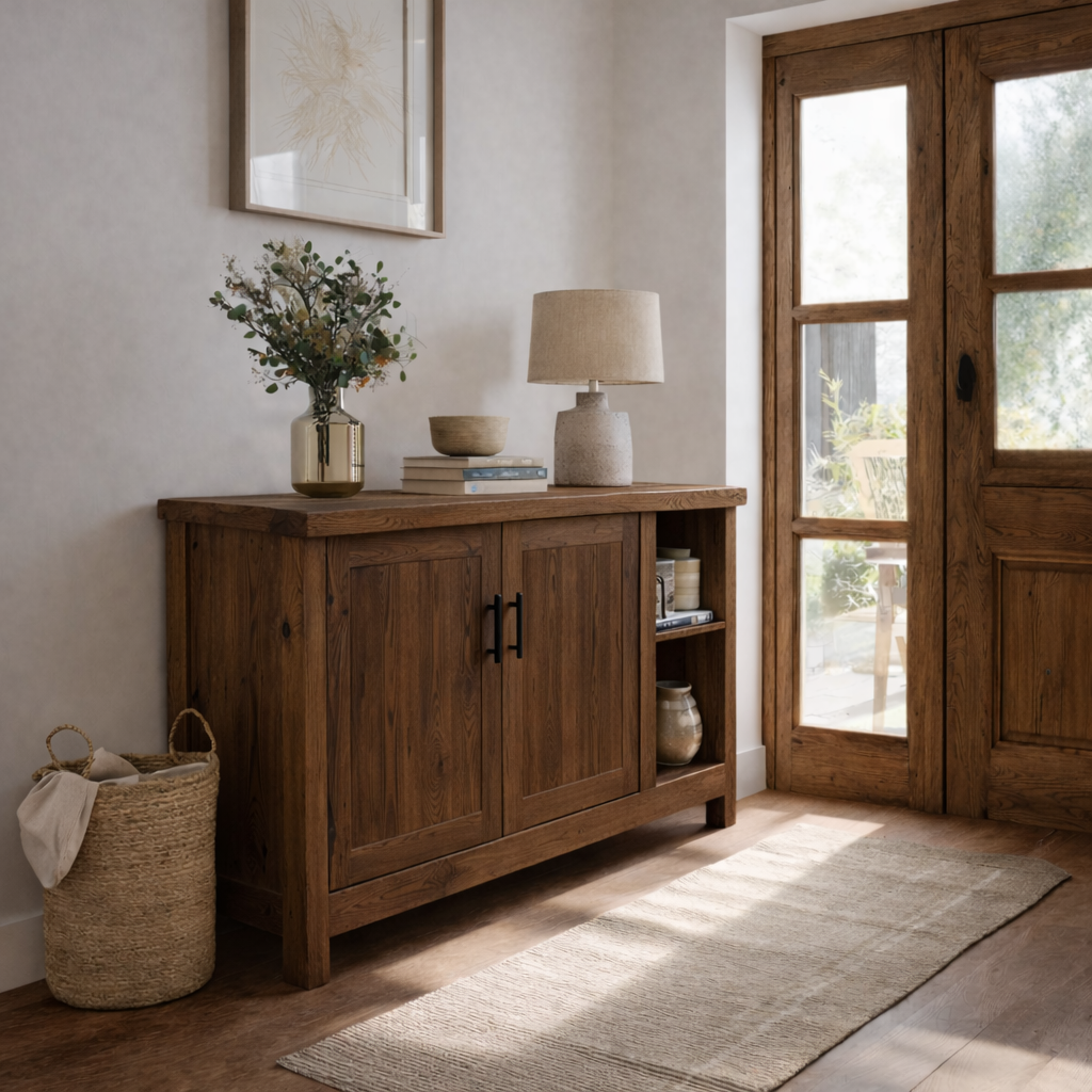 Solid Wood Console Table with Storage Doors – Rustic Entryway Cabinet