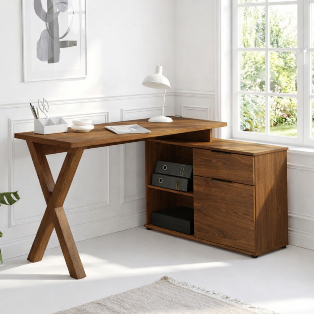 Modern Corner Desk with Storage Drawers and Open Shelf Home Office Work Table