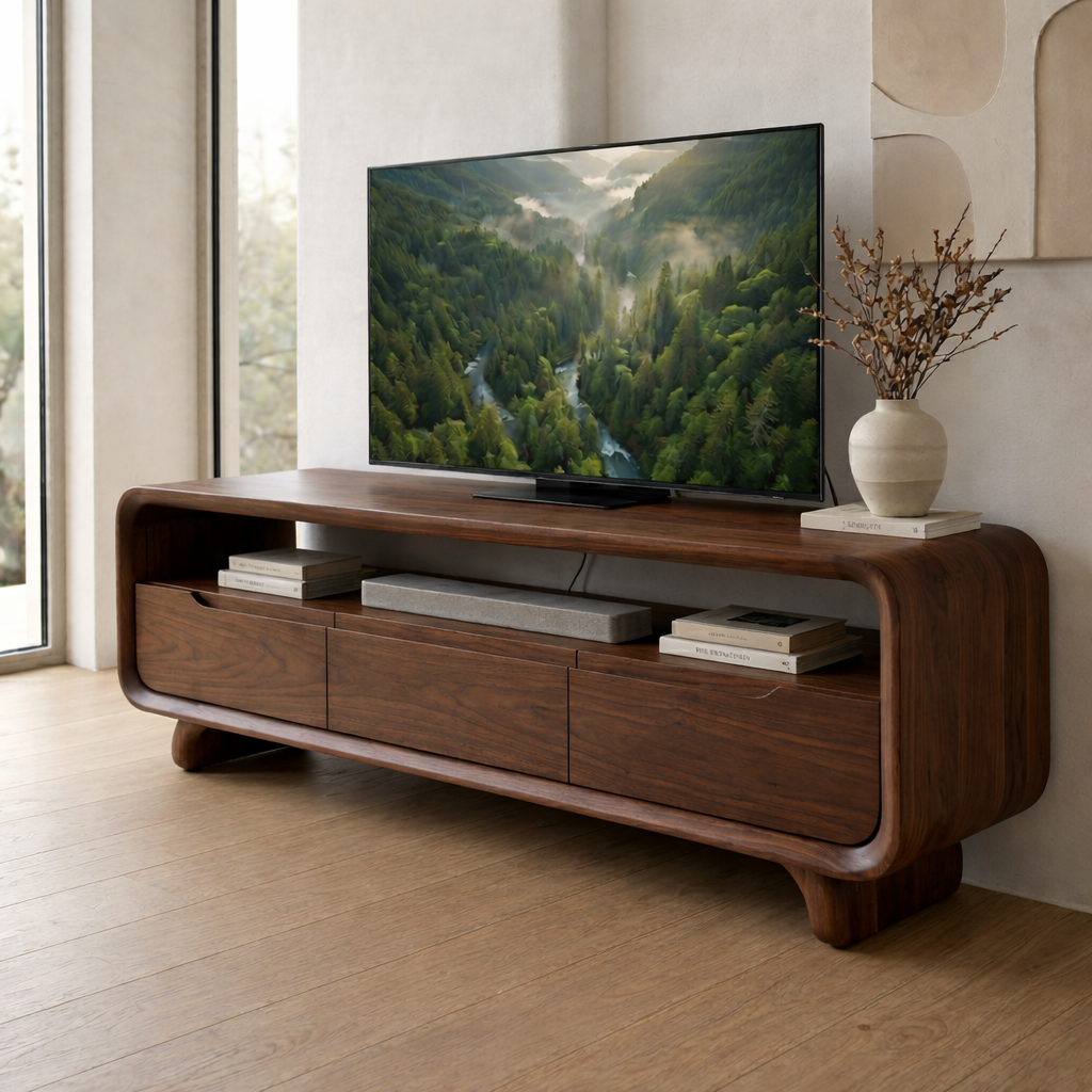 Solid Wood Media Console with Curved Edges – Modern TV Stand with Storage