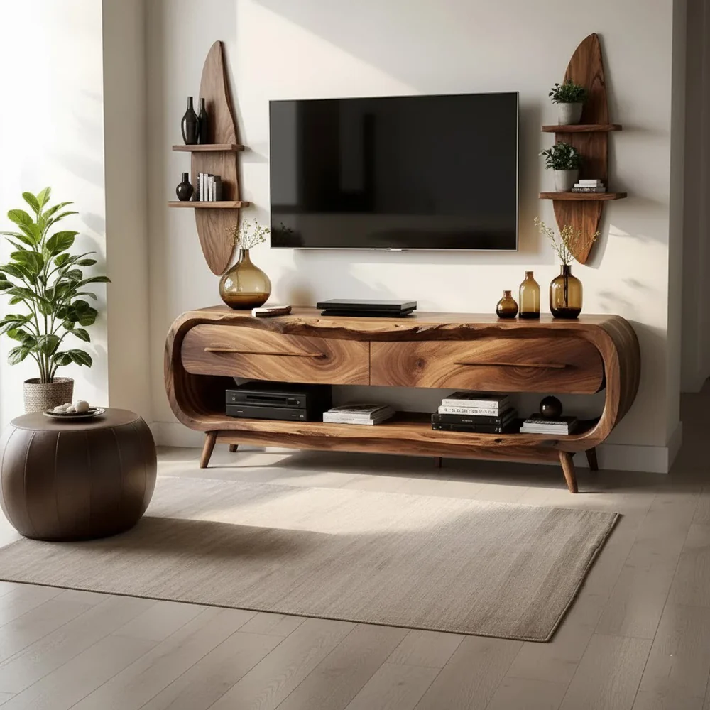 Solid Wood TV Stand Modern Walnut Media Console with Curved Design and Storage