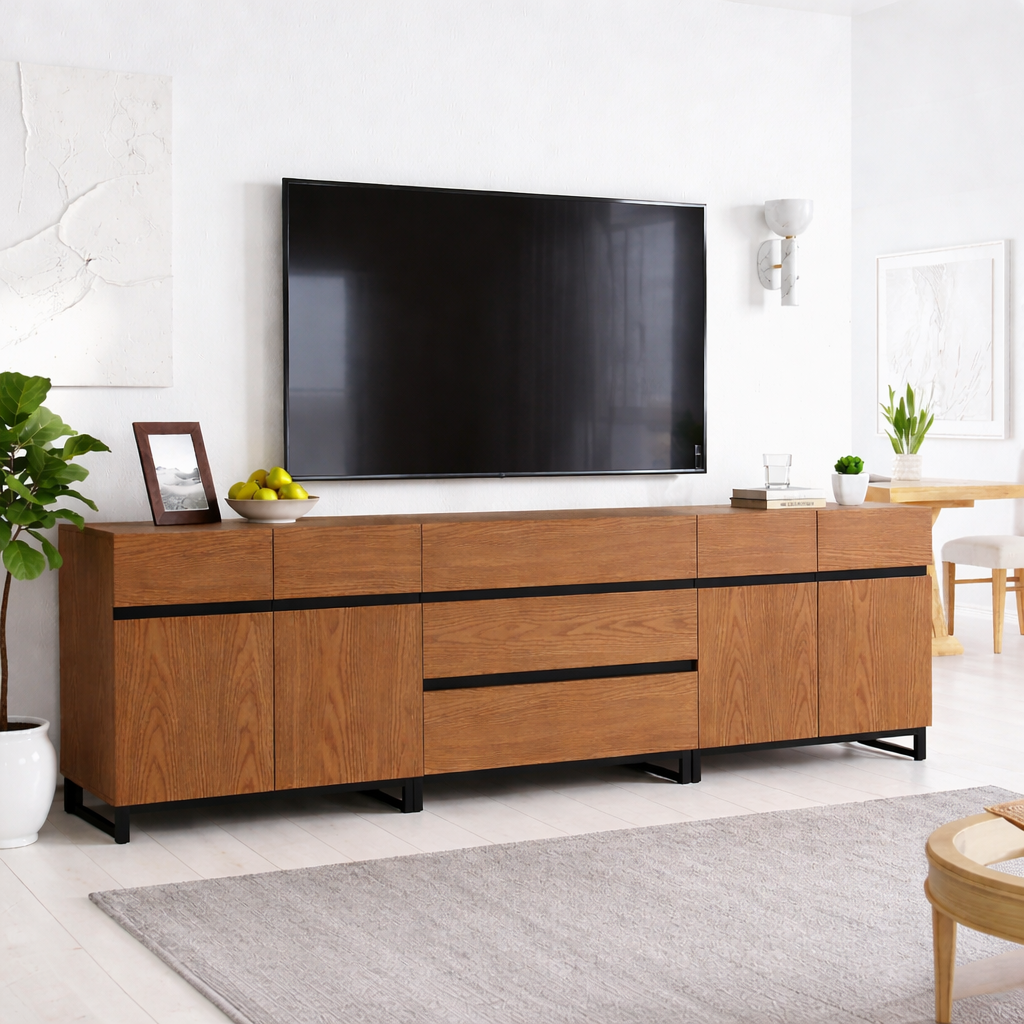 Modern Solid Wood TV Stand Long Media Console with Drawers Black Accent Lines