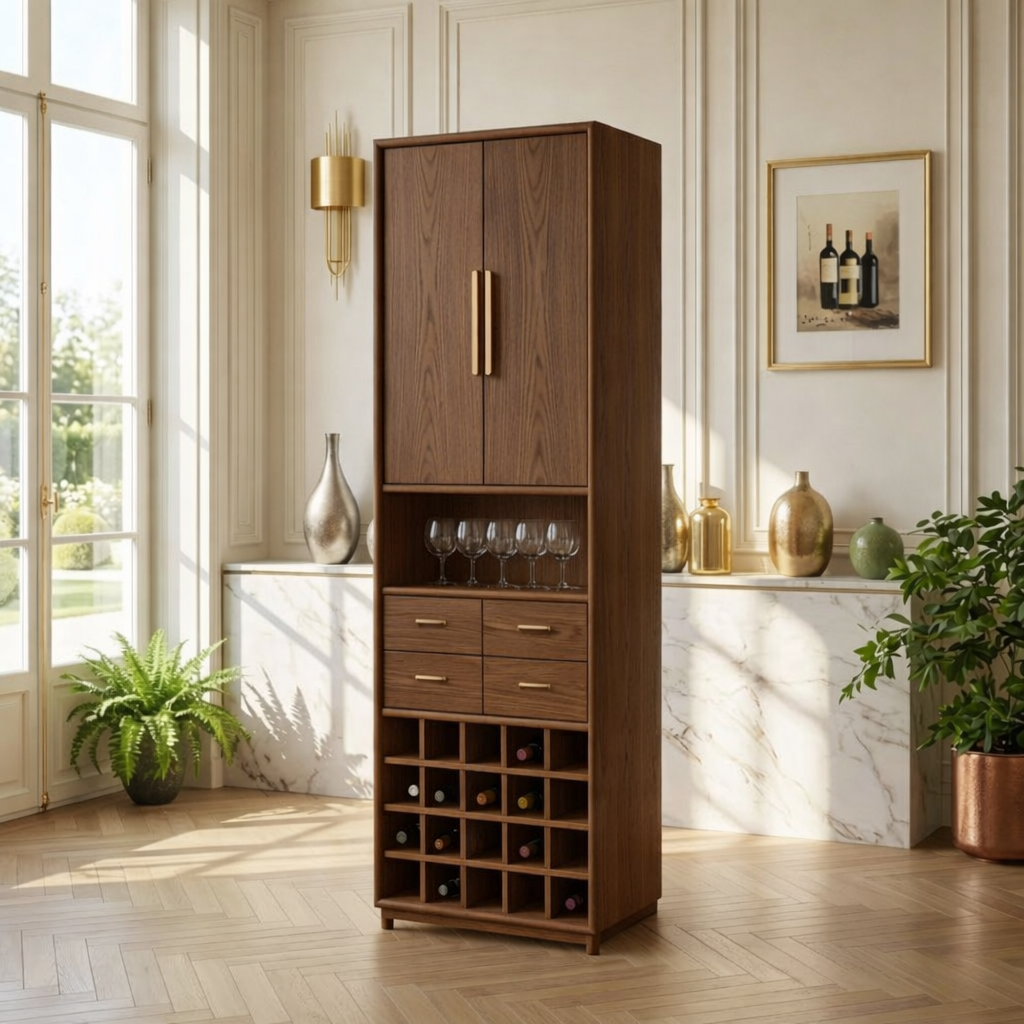Modern Wine Cabinet with Glass Display, Drawers and Built-In Bottle Rack Storage