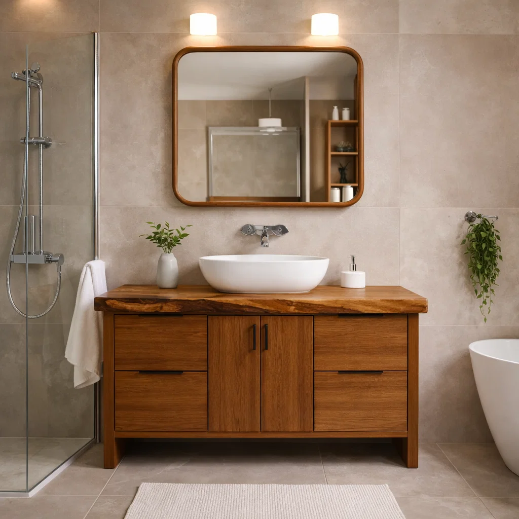 Solid Wood Bathroom Vanity Cabinet with Live Edge Top & Modern Sink Design