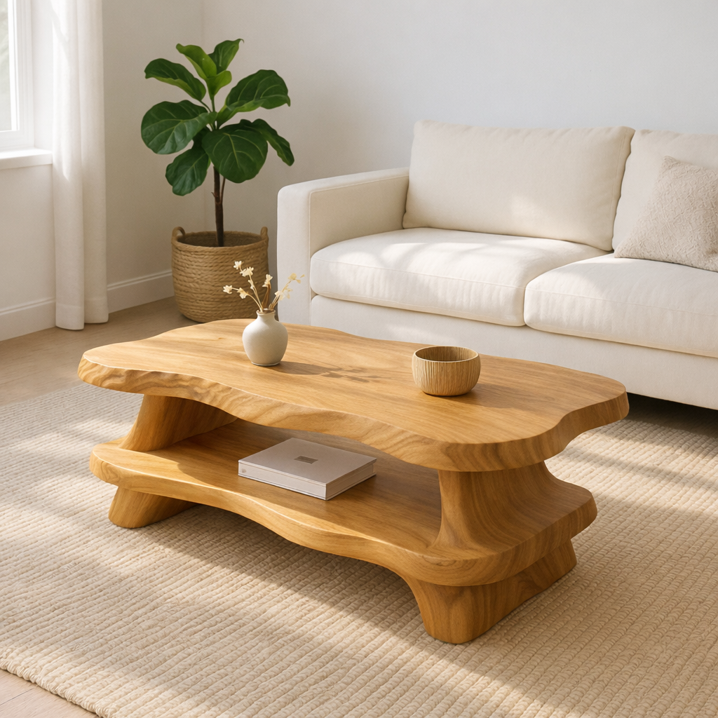 Modern Solid Wood Coffee Table with Organic Live Edge and Lower Shelf