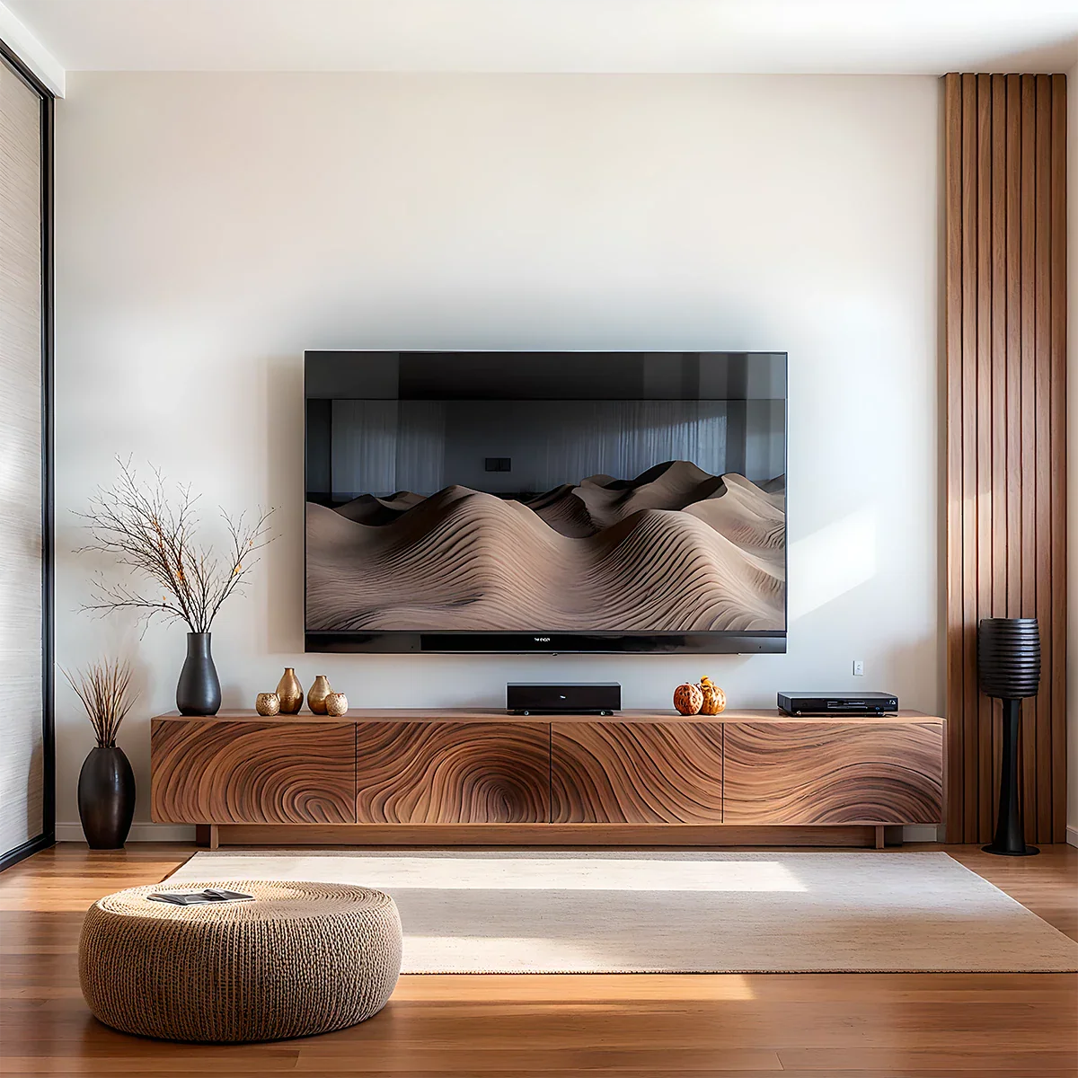 Solid Wood TV Stand Modern Walnut Media Console with Sculpted Wave Storage Cabinet