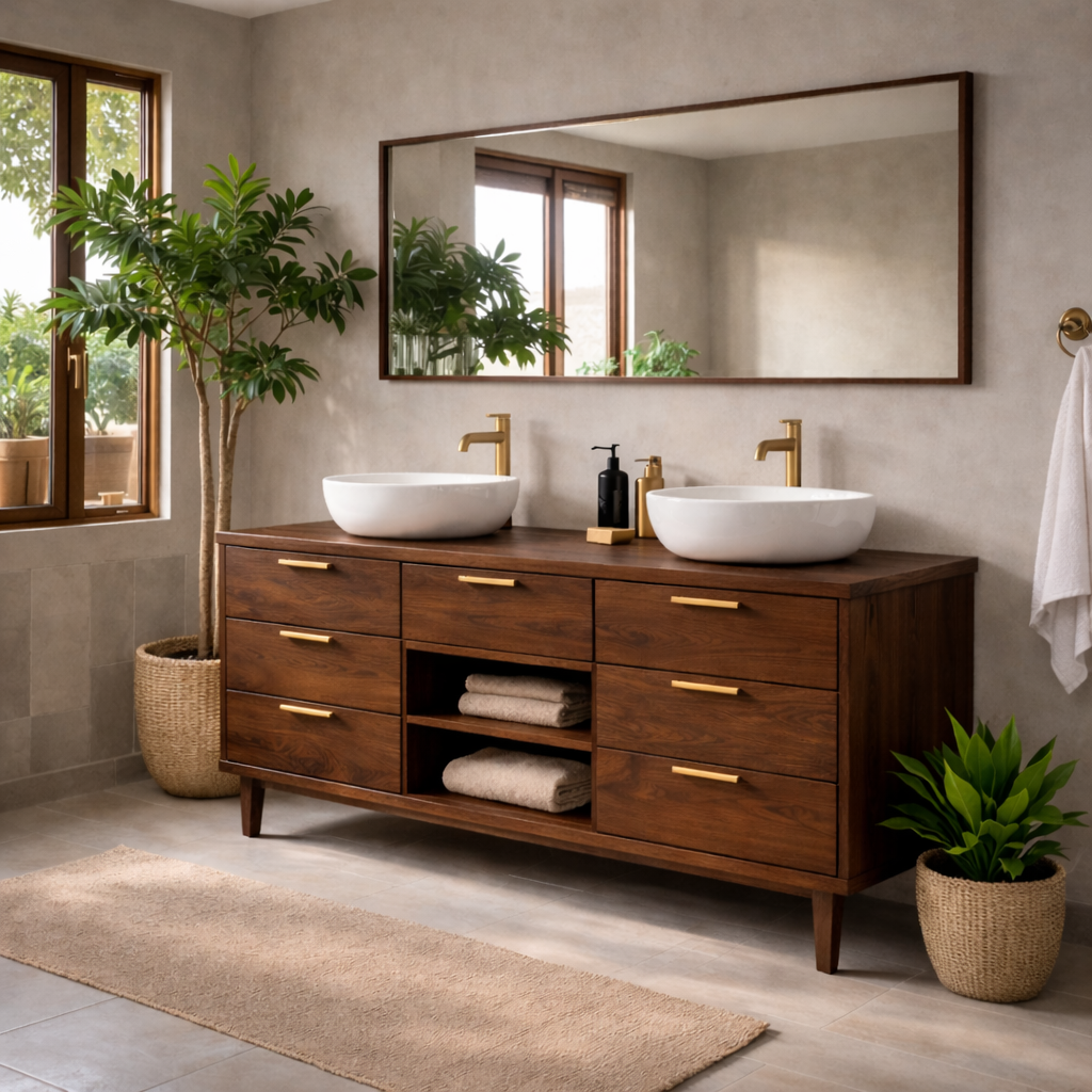 Solid Wood Double Bathroom Vanity with Drawers and Center Open Shelf Storage