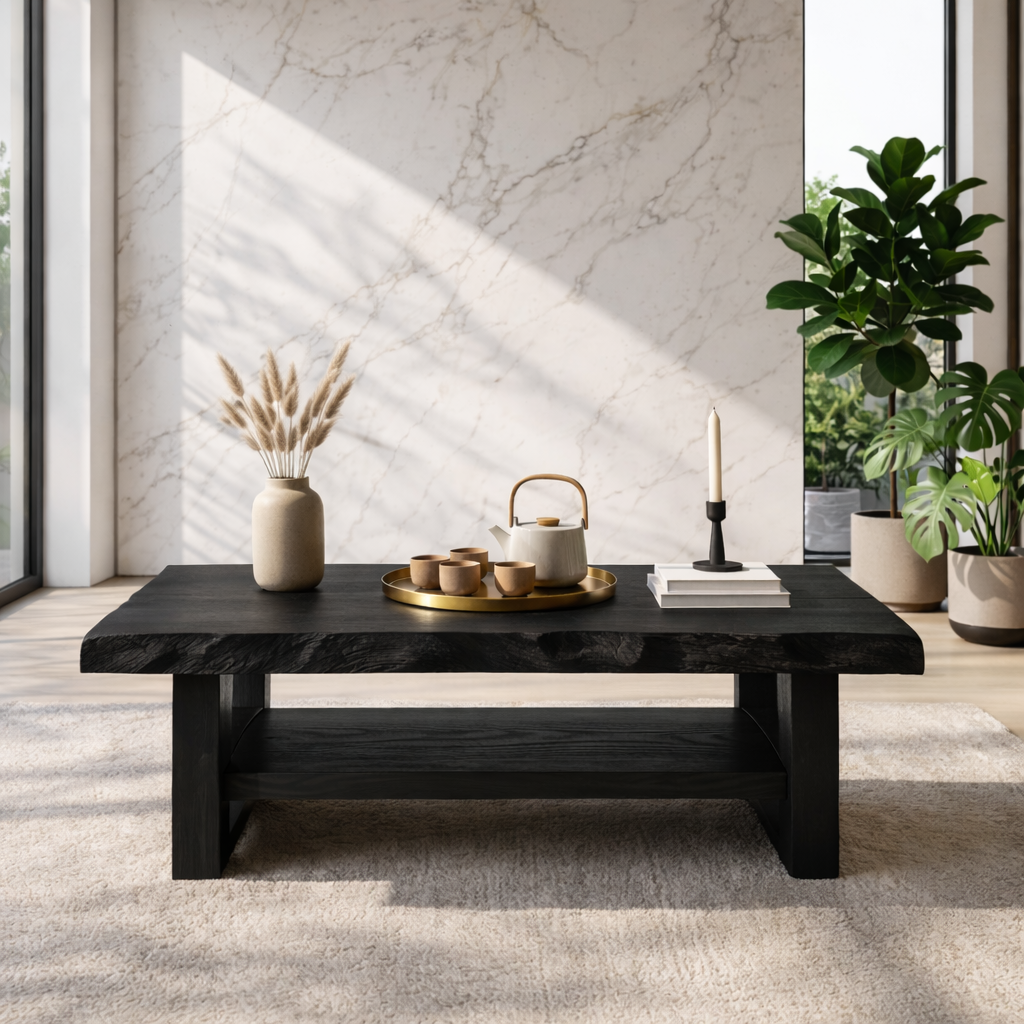 Handcrafted Solid Wood Coffee Table with Lower Storage Shelf for Living Room