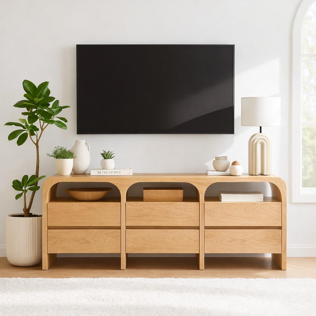 Modern Minimalist Wood TV Stand With Drawers Long Media Console Storage Cabinet