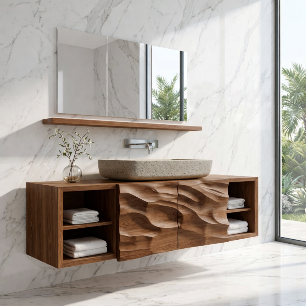 Modern Solid Wood Bathroom Vanity with Floating Storage and Sculpted Front Doors