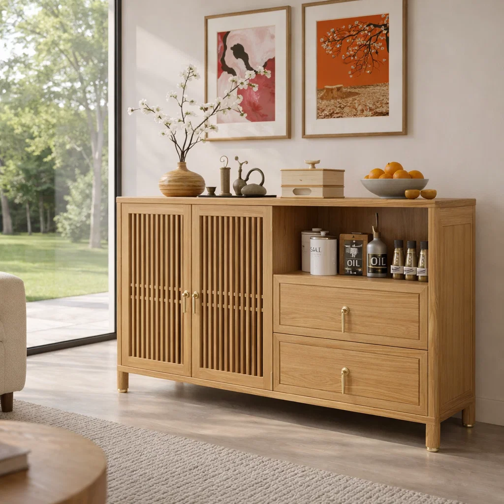 Solid Wood Console Sideboard with Drawer – Modern Walnut Storage Cabinet