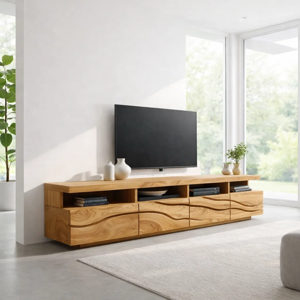 Solid Wood Media Console with Wave Carved Doors, Modern TV Stand Cabinet