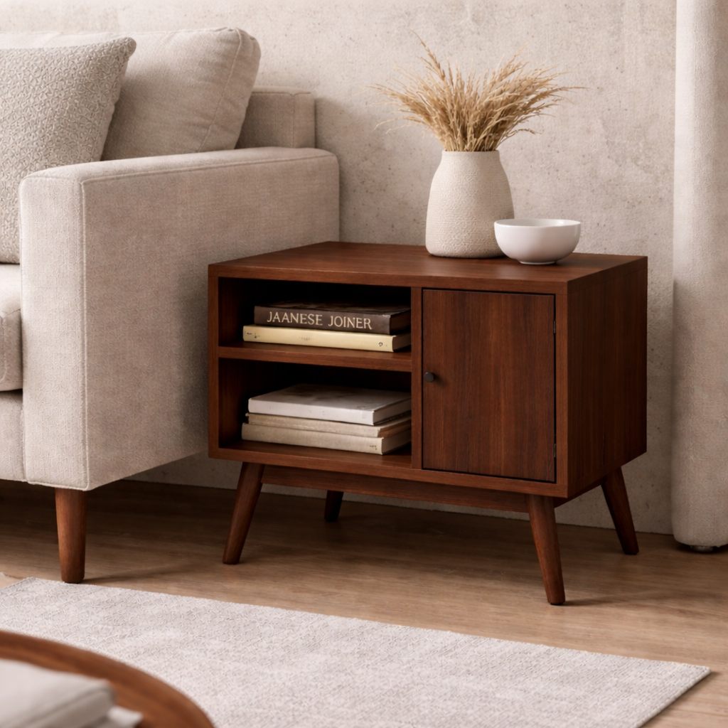Solid Wood End Table with Door and Open Shelf – Mid Century Modern Side Table