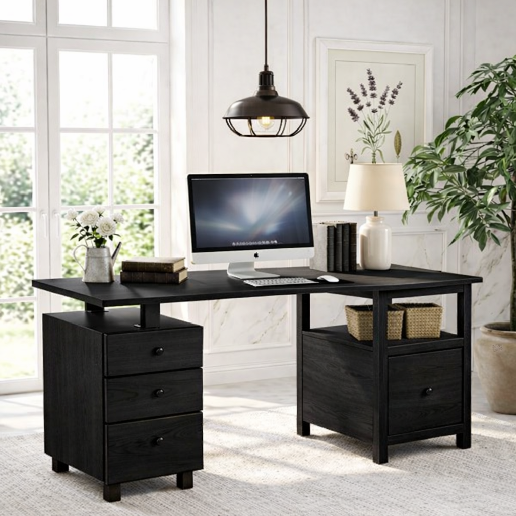 Modern Desk with Storage Drawers and Open Shelf Home Office Desk