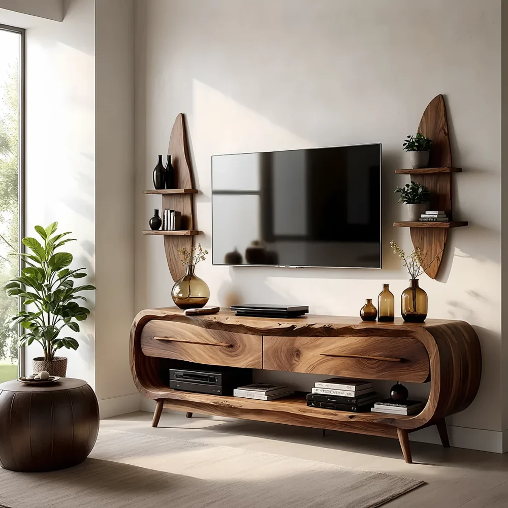 Solid Wood TV Stand Modern Walnut Media Console with Curved Design and Storage