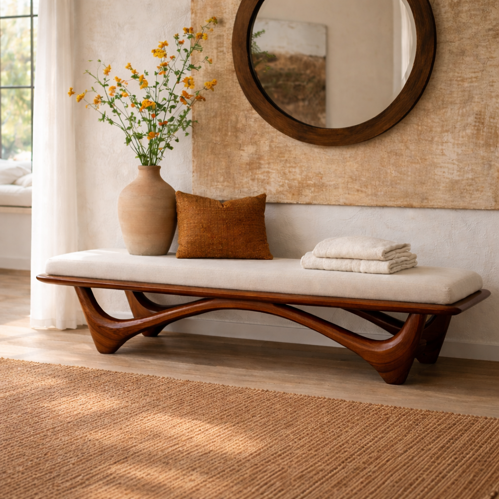 Solid Wood Entryway Bench with Curved Base, Modern Rustic Hallway Seating