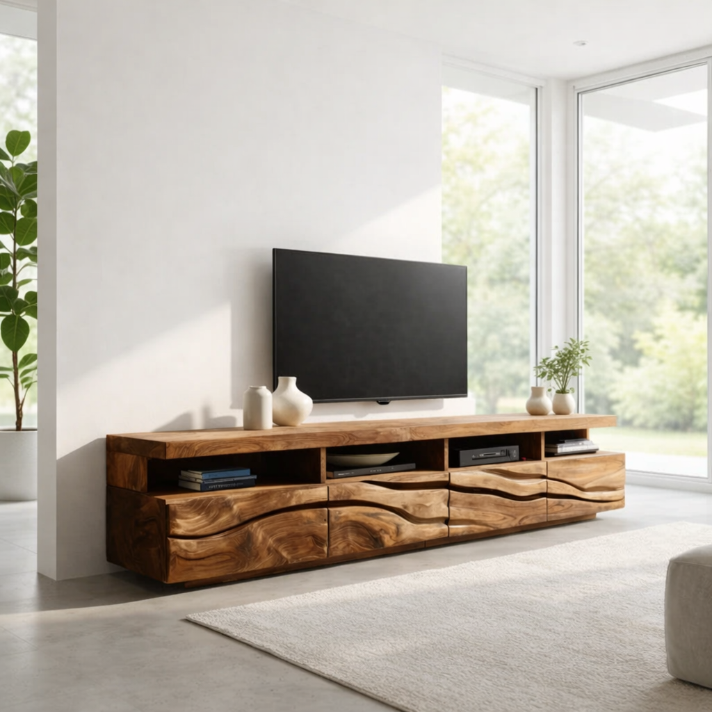 Solid Wood Media Console with Wave Carved Doors, Modern TV Stand Cabinet