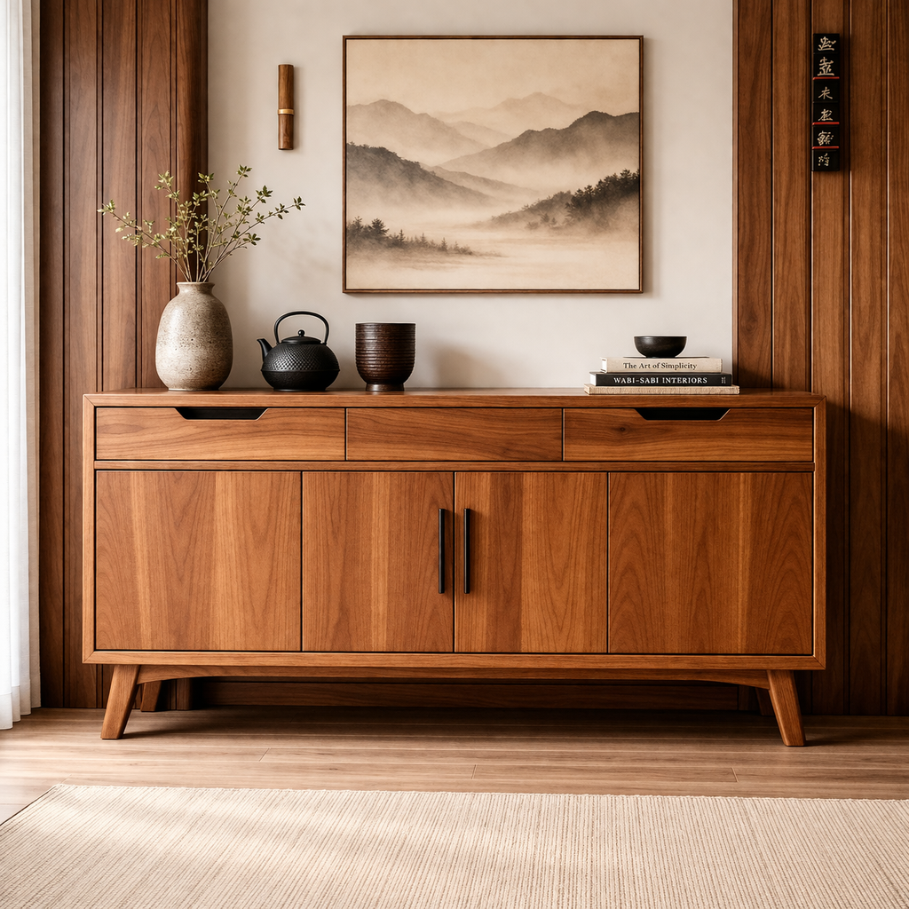 Mid-Century Solid Wood Console Cabinet with 2 Drawers and 4 Doors Storage