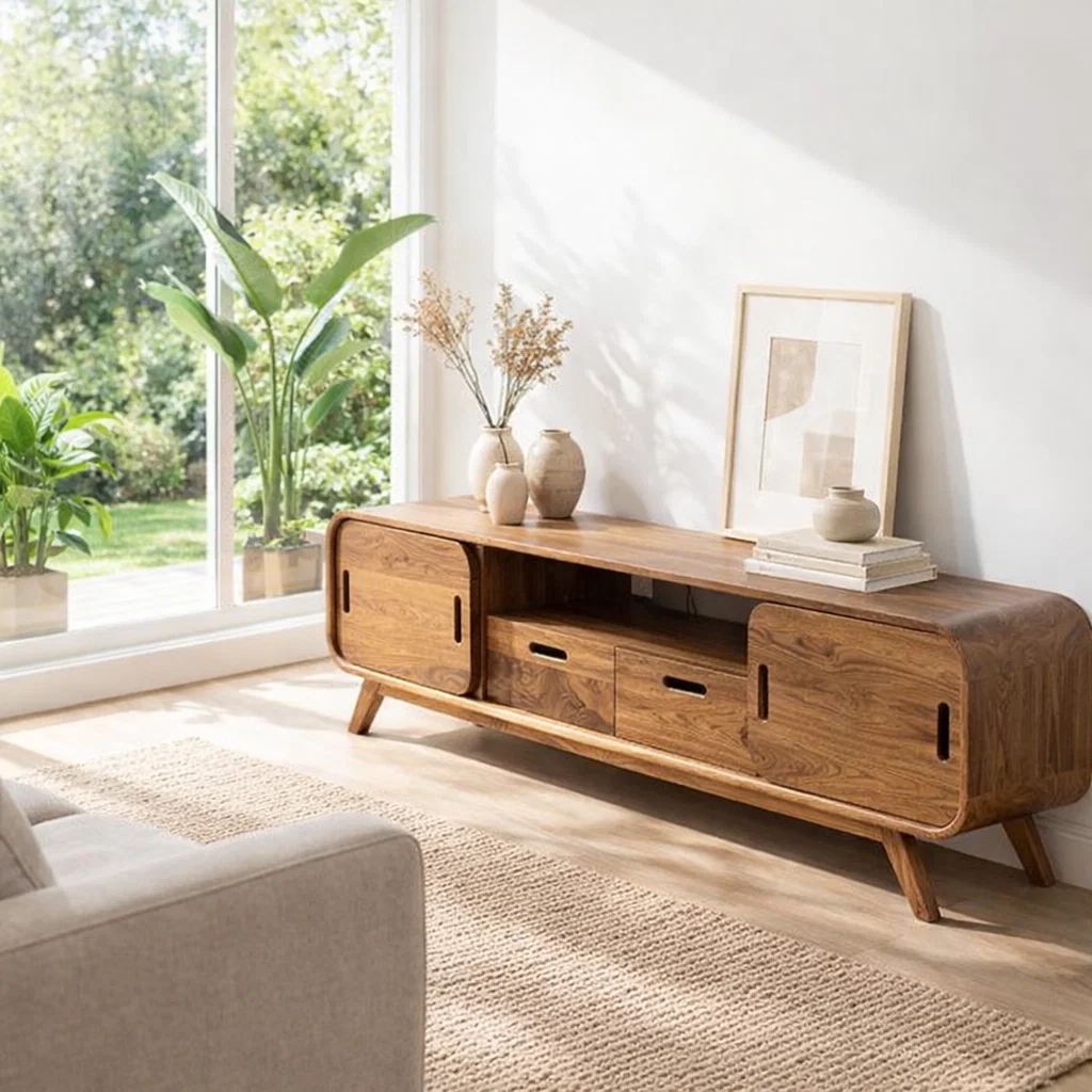 Mid Century Sideboard Cabinet with Sliding Doors and Storage