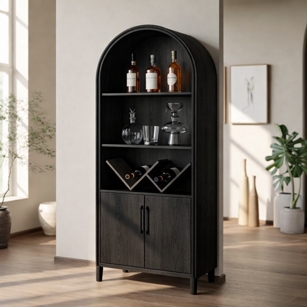 Modern Arched Wine Cabinet with Display Shelves and Built-In Bottle Organizer