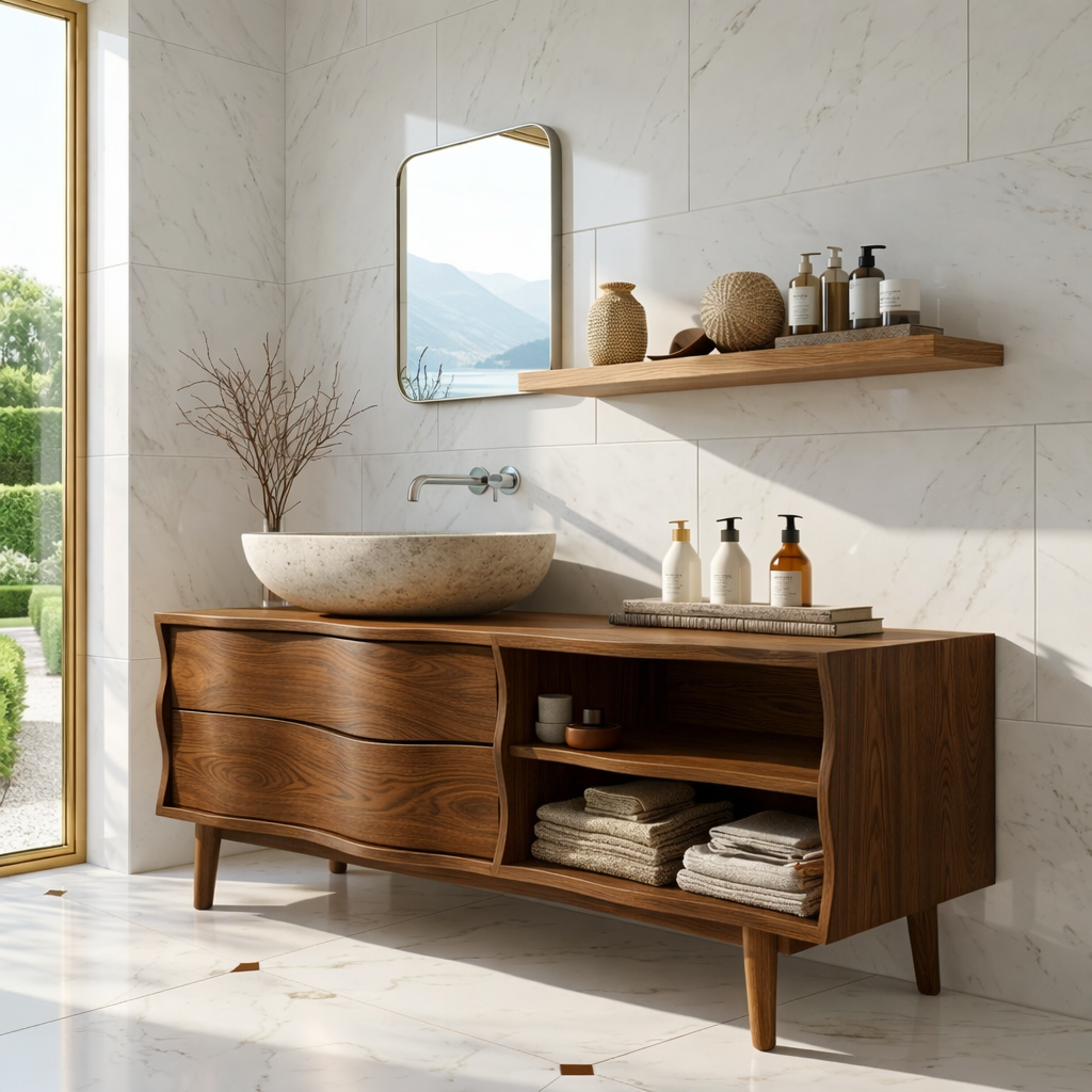 Contemporary Solid Wood Freestanding Bathroom Vanity with Sculpted Open Shelving